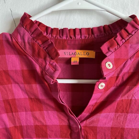 Vilagallo Top Womens 40 Red Pink Plaid Button Up Summer Preppy Beach Casual - Picture 9 of 9